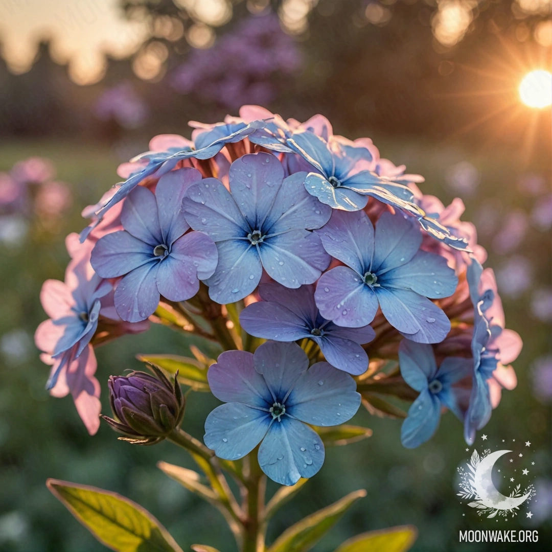 A bouquet of aquamarine phlox flowers at sunset in watercolor style.