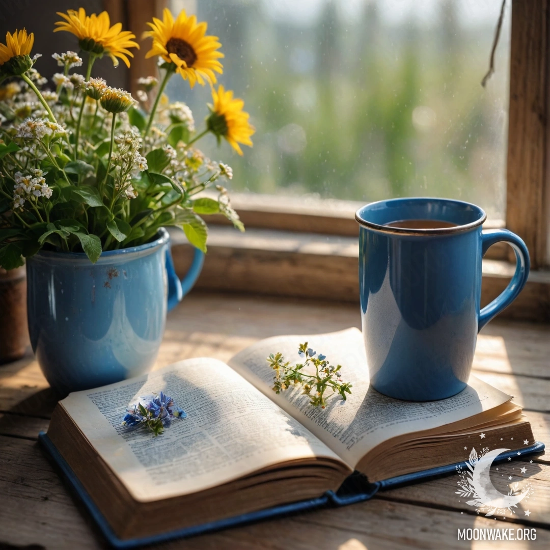 A shabby blue book on a wooden windowsill with a blue mug and flowers inside it, illuminated by sunlight.