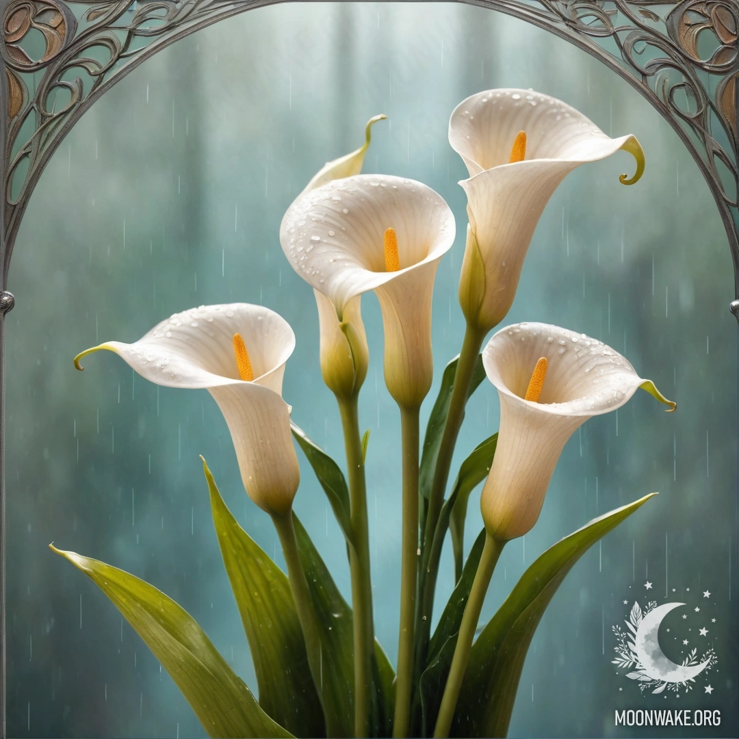 A bouquet of aquamarine calla lilies drenched in rain with sunny rays.