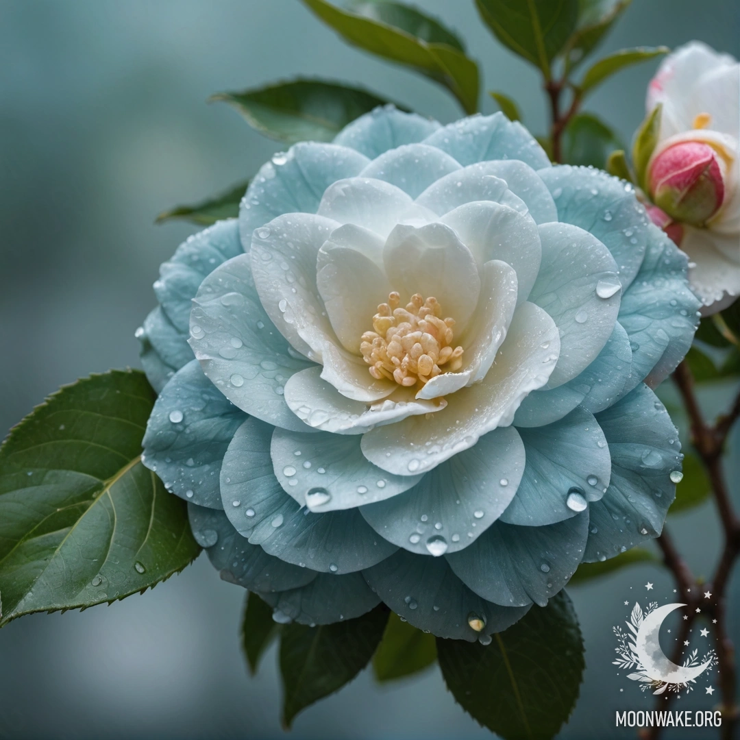 Aquamarine Dew-Drenched Camellia Bouquet A bouquet of aquamarine camellias adorned with dew drops.