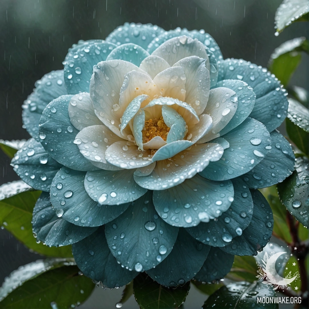 A beautiful aquamarine camellia surrounded by raindrops and sequins.