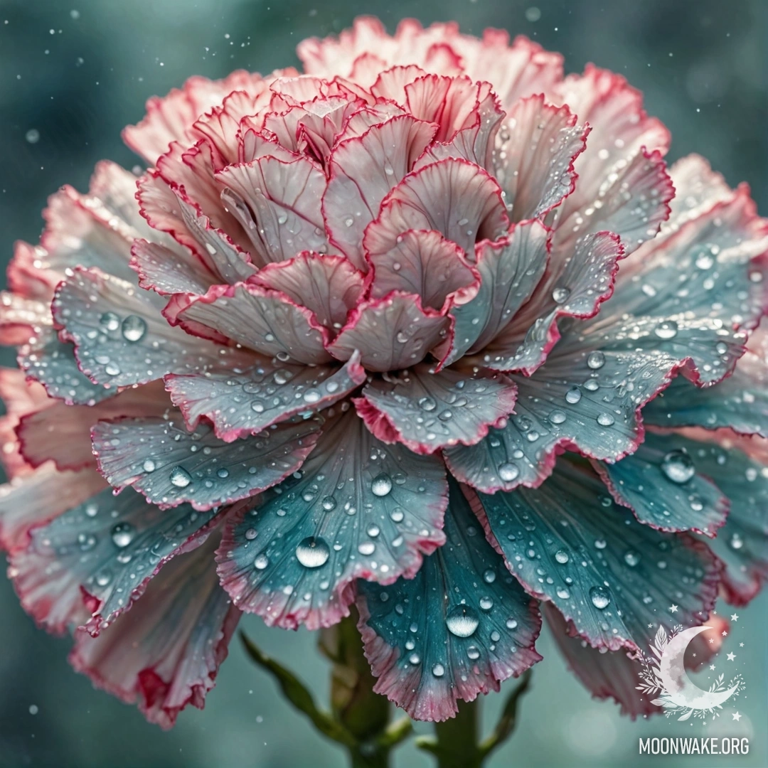 A beautiful aquamarine carnation adorned with dew drops and sunlight.