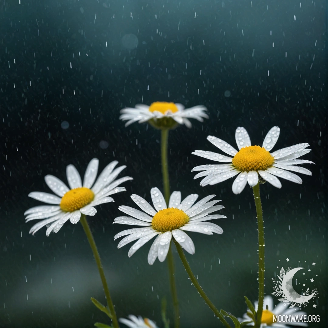 Aquamarine Chamomile Under Rainy Night A minimalistic representation of chamomile flowers under rain at night with shimmering aquamarine sequins.