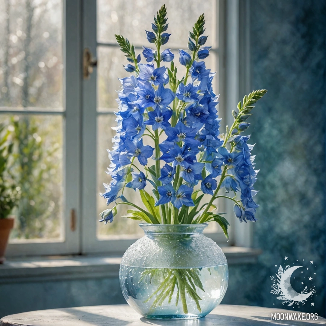 A beautiful aquamarine delphinium in a frosted vase illuminated by sunny rays.