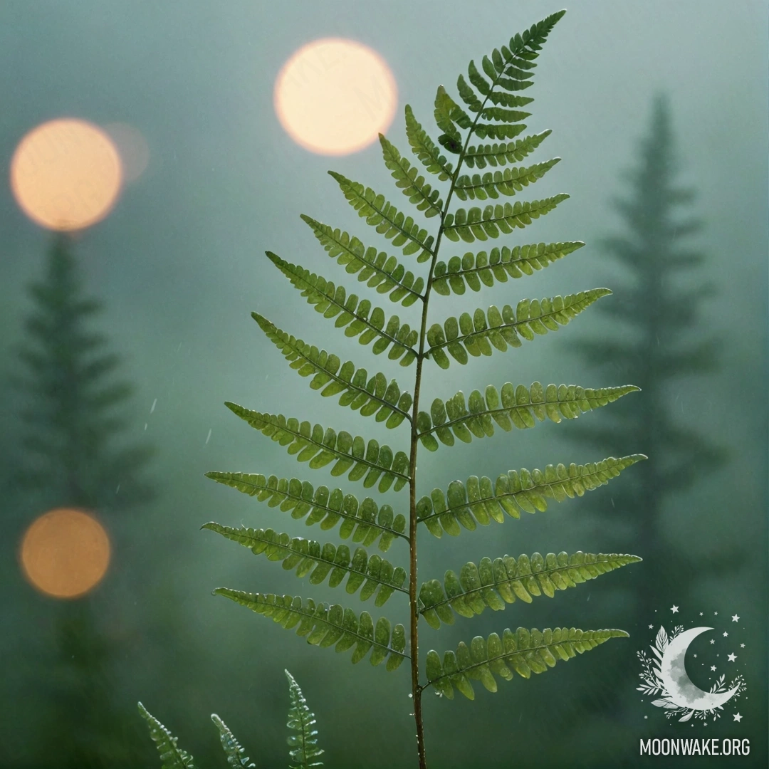 Aquamarine Fern in Misty Rain A serene aquamarine fern surrounded by mist and rain at sunset.