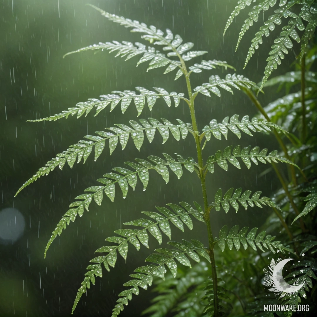 A delicate aquamarine fern adorned with raindrops and sequins, creating a serene atmosphere.