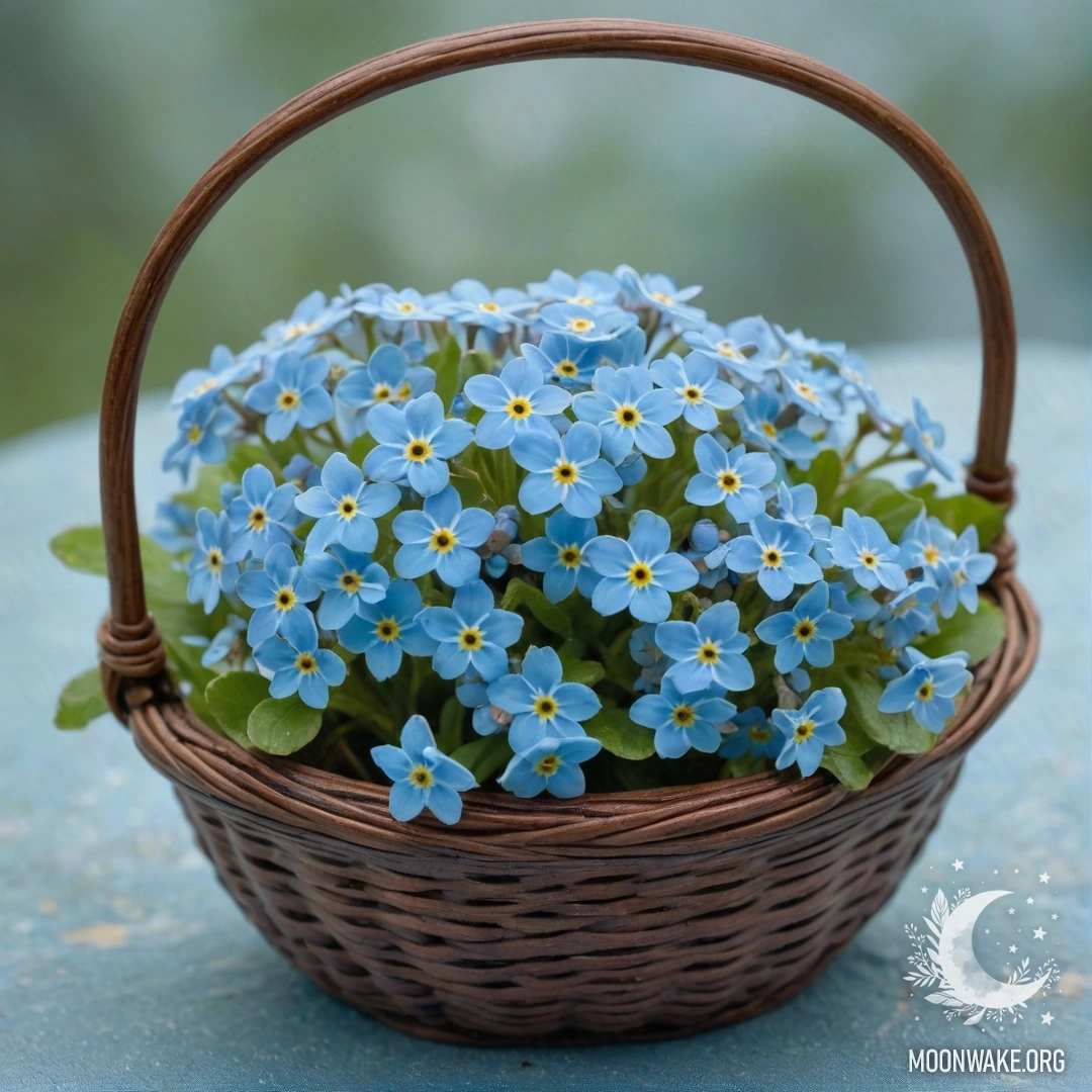 A basket filled with aquamarine forget-me-nots surrounded by fog.
