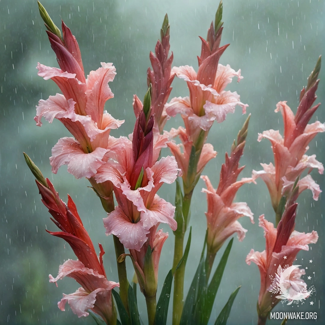 Aquamarine Gladiolus in Rainy Mist A bouquet of aquamarine gladiolus flowers in mist and rain.