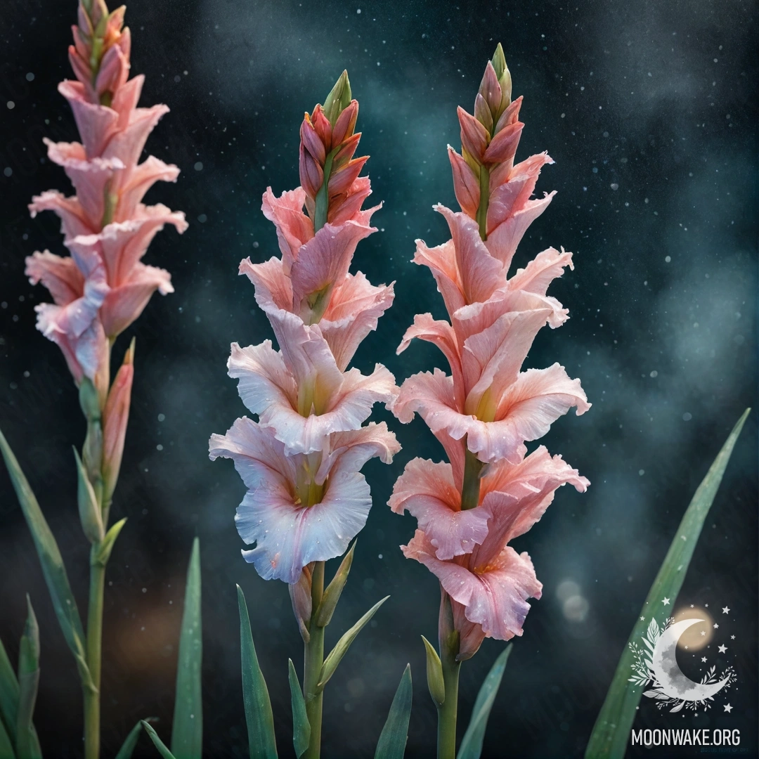 Aquamarine Gladiolus in Misty Night A watercolor painting of an aquamarine gladiolus in the mist at night, adorned with glitter.