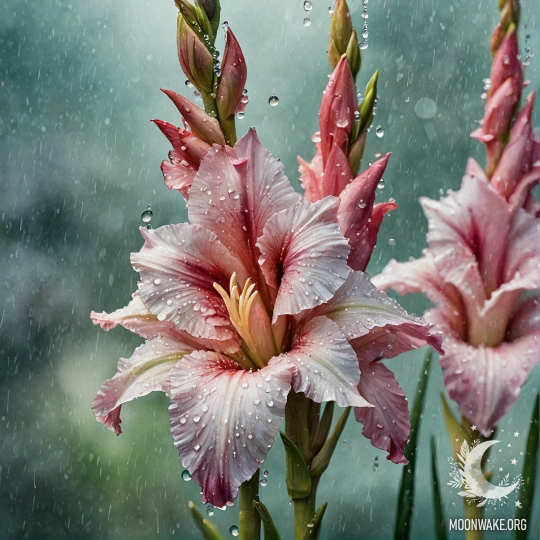 Close-up of a beautiful aquamarine gladiolus flower adorned with rain and rhinestones.