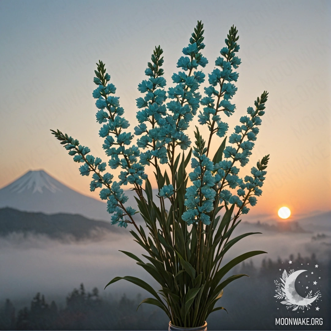 Aquamarine Heather Bouquet in Misty Sunset A bouquet of aquamarine heather surrounded by mist at sunset.