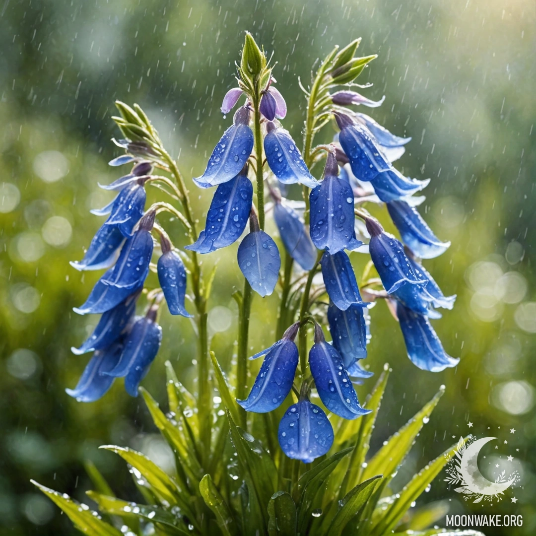 A bouquet of aquamarine lobelia flowers drenched in rain, illuminated by sunny rays.