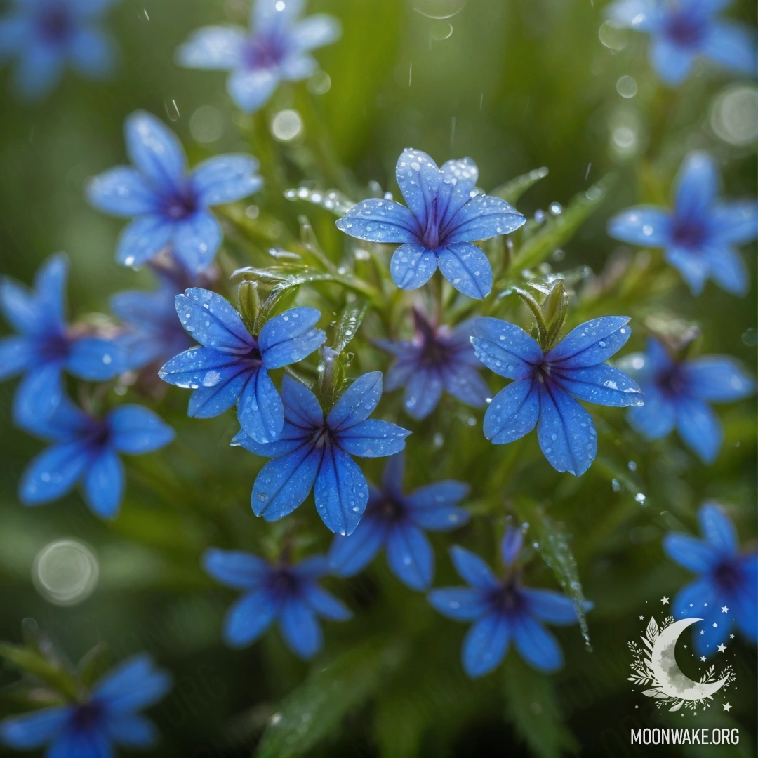 Aquamarine Lobelia in the Rain A close-up of aquamarine lobelia with rhinestones shimmering in the rain, illuminated by sunny rays.