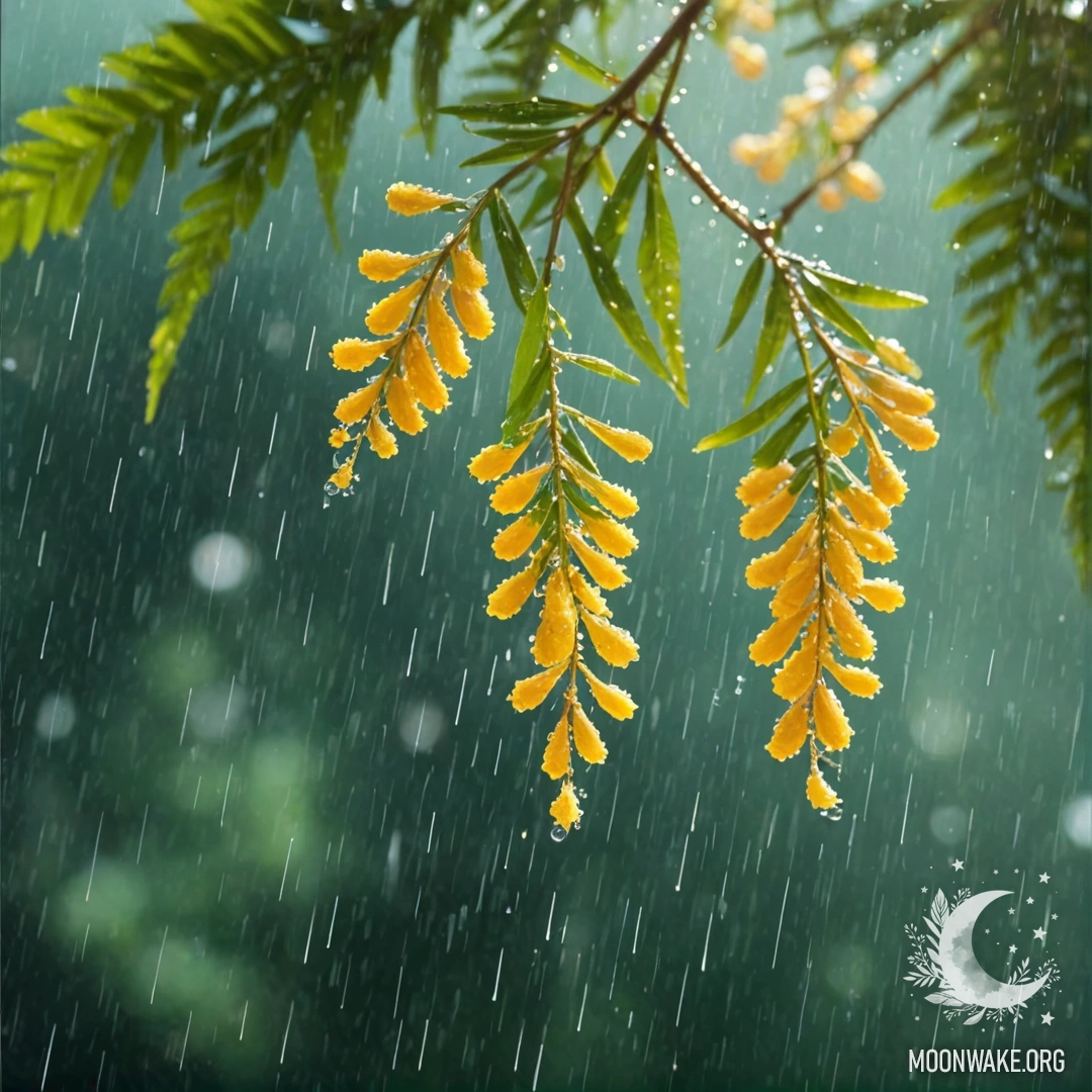A delicate aquamarine mimosa flower resting in the rain, glimmering under sunny rays.