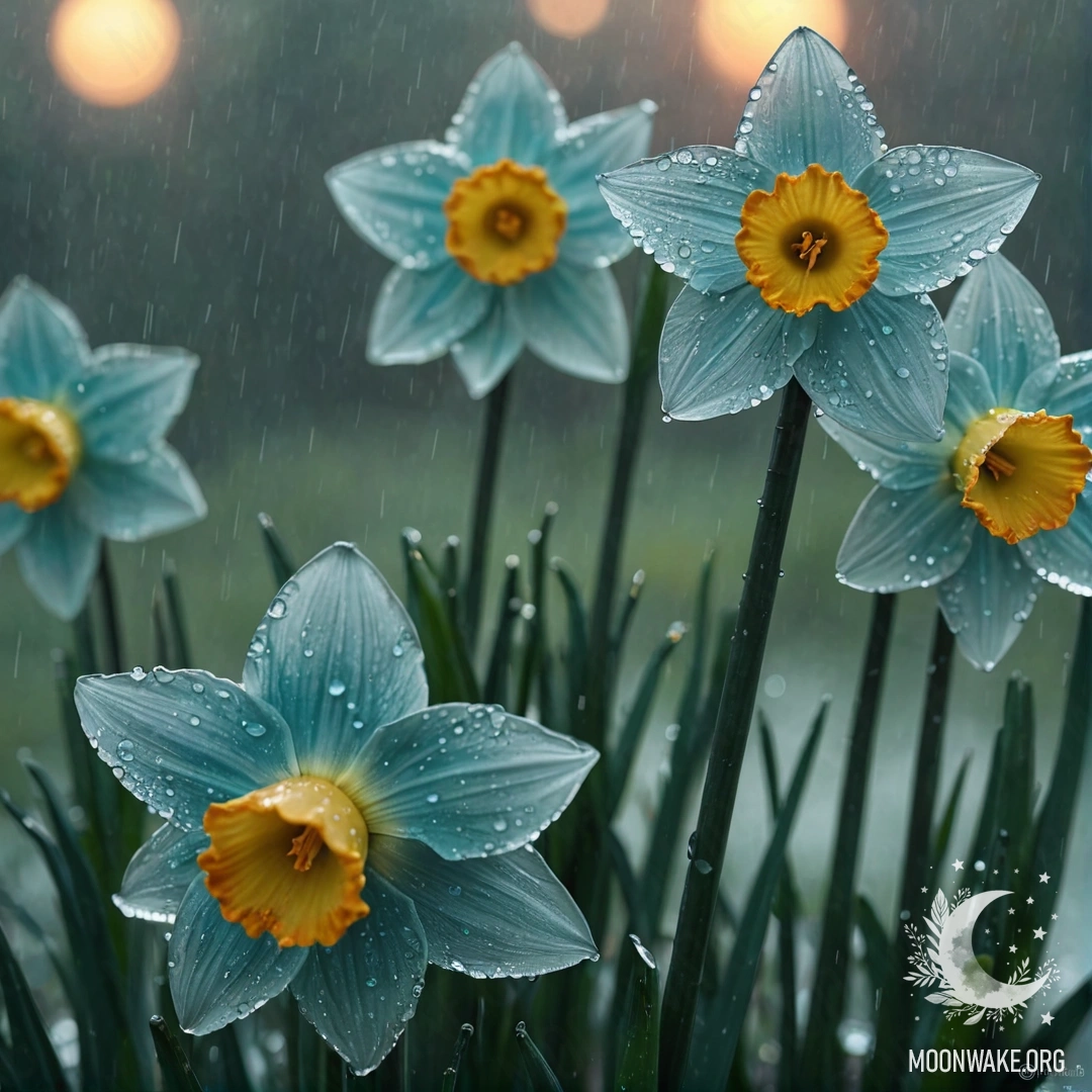 A beautiful aquamarine narcissus blooming in misty rain under a sunset sky, illuminated by glimmers.