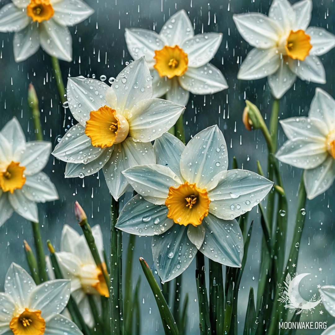 Aquamarine Narcissus Under Rain A beautiful aquamarine narcissus flower adorned with rhinestones in the rain.