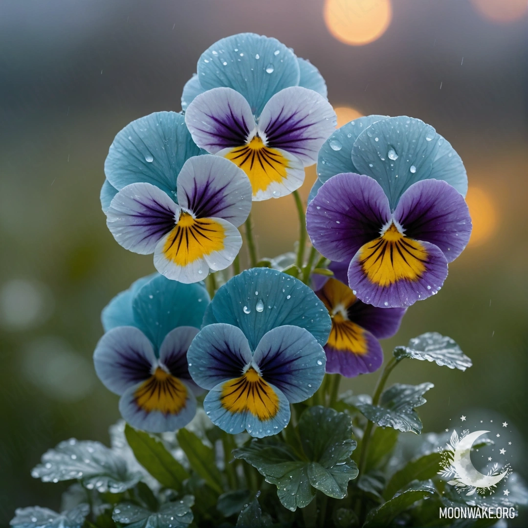 A bouquet of aquamarine pansies surrounded by mist and rain at sunset.