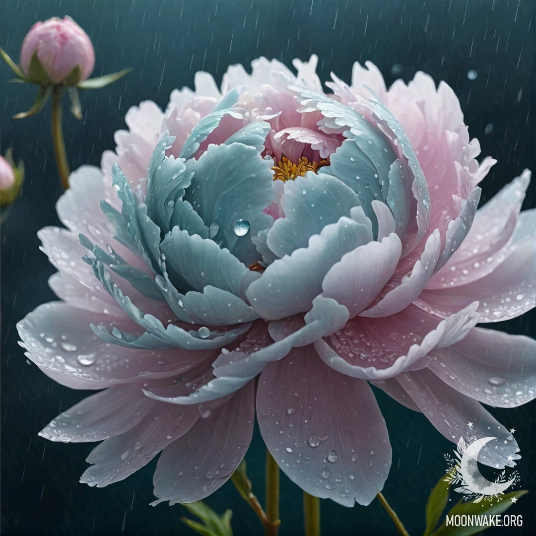 Aquamarine Peony in the Rain A minimalistic peony flower under falling rain at night, shimmering with glitter, in aquamarine hues.