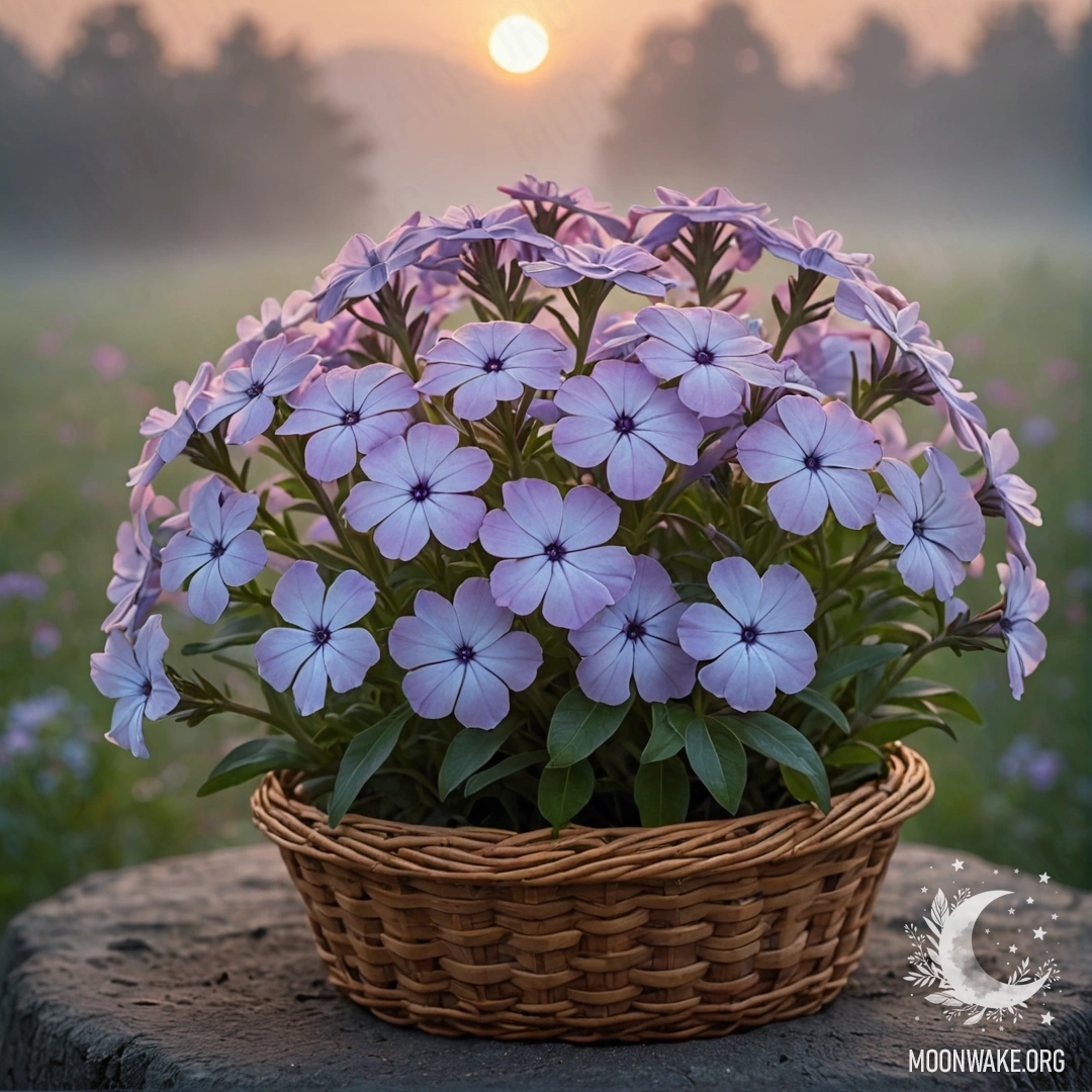 A beautiful arrangement of pink phlox flowers in an aquamarine basket, surrounded by fog during sunset.