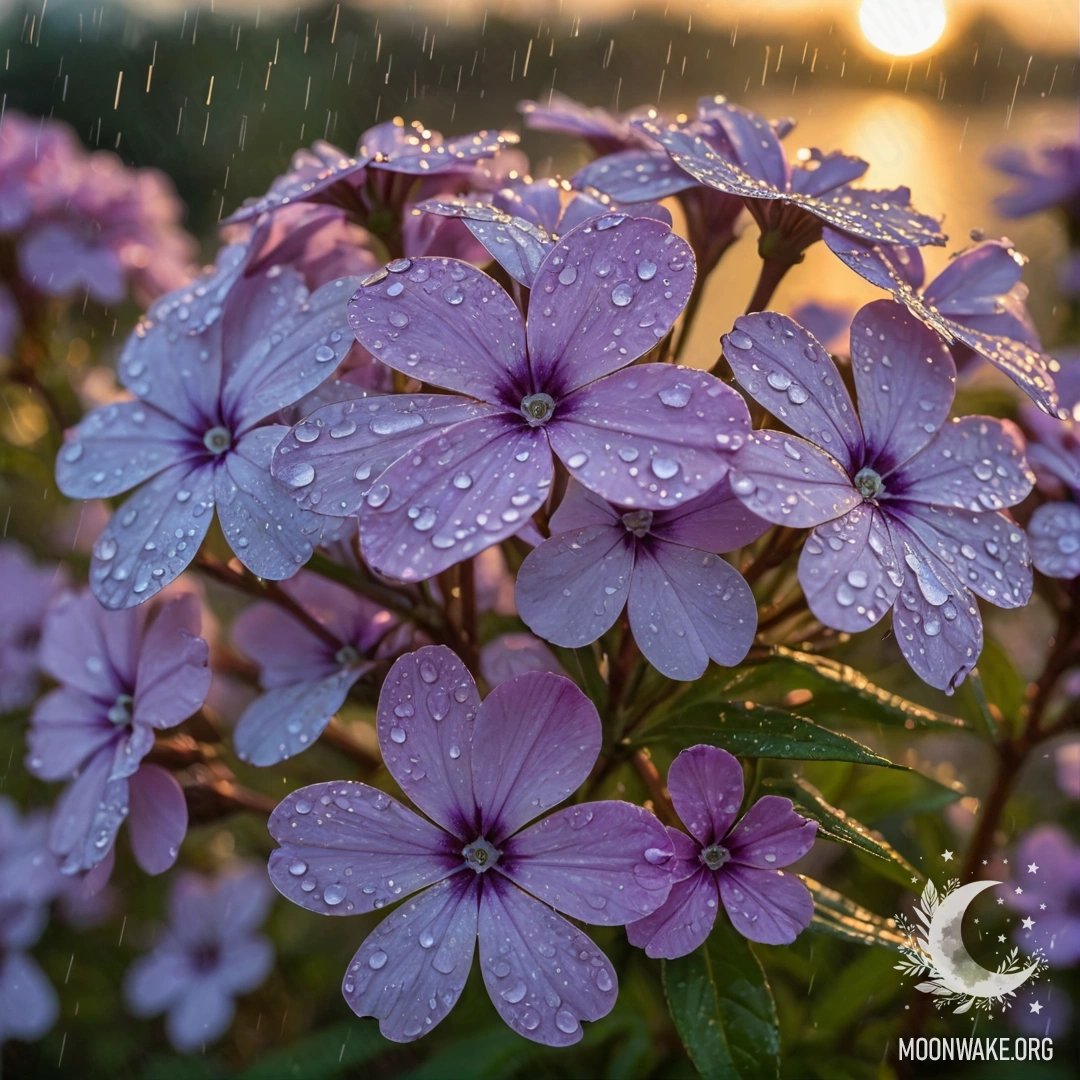 Aquamarine Phlox Under Sunset Rain A close-up of sweet phlox flowers glistening in the rain at sunset.