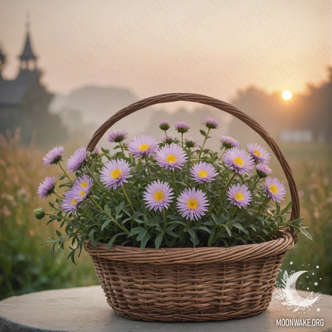A vintage postcard featuring an aster flower in a lime-colored basket surrounded by mist at sunset.
