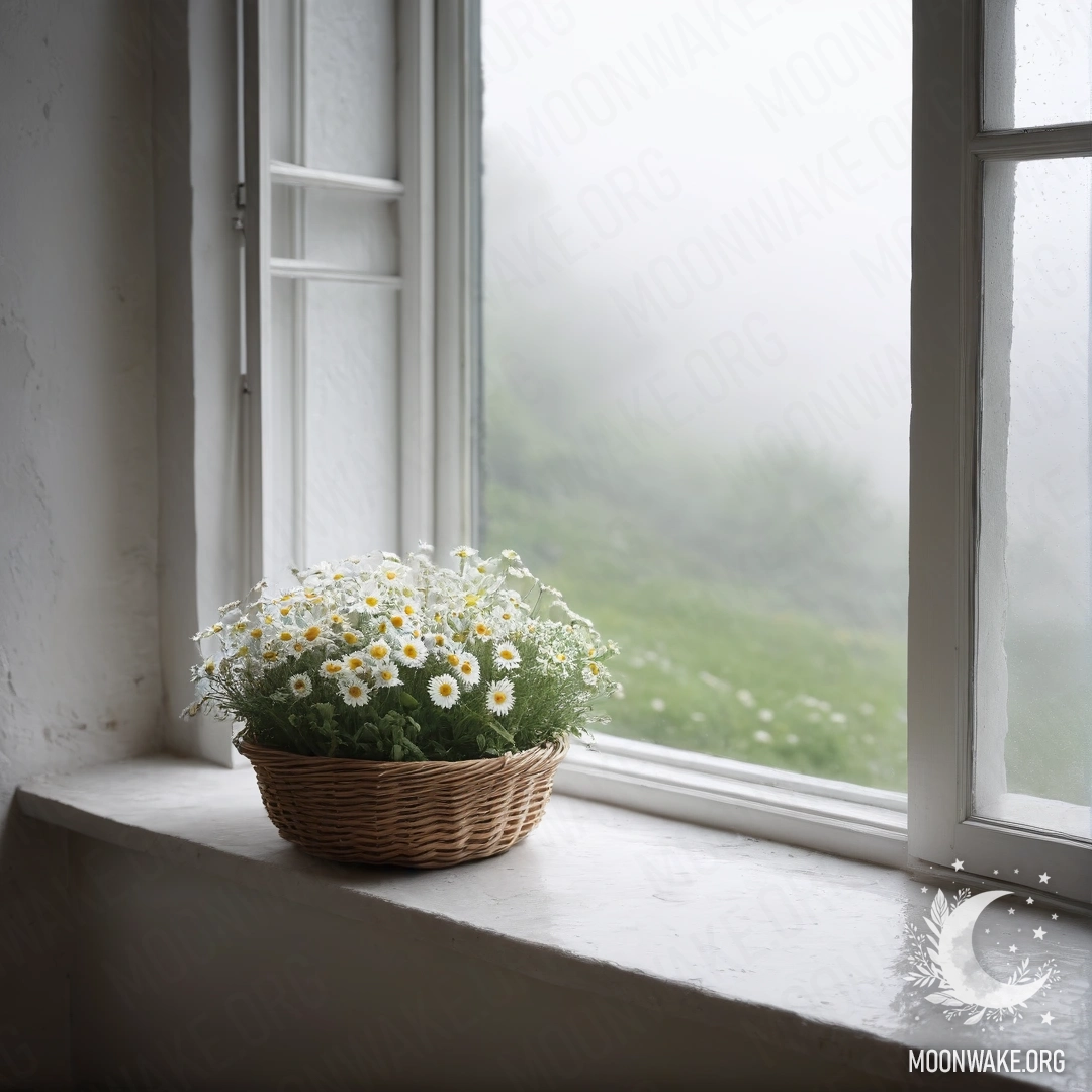 A basket filled with daisies sits on a windowsill beside an open window, with a backdrop of a white stone wall shrouded in heavy fog.
