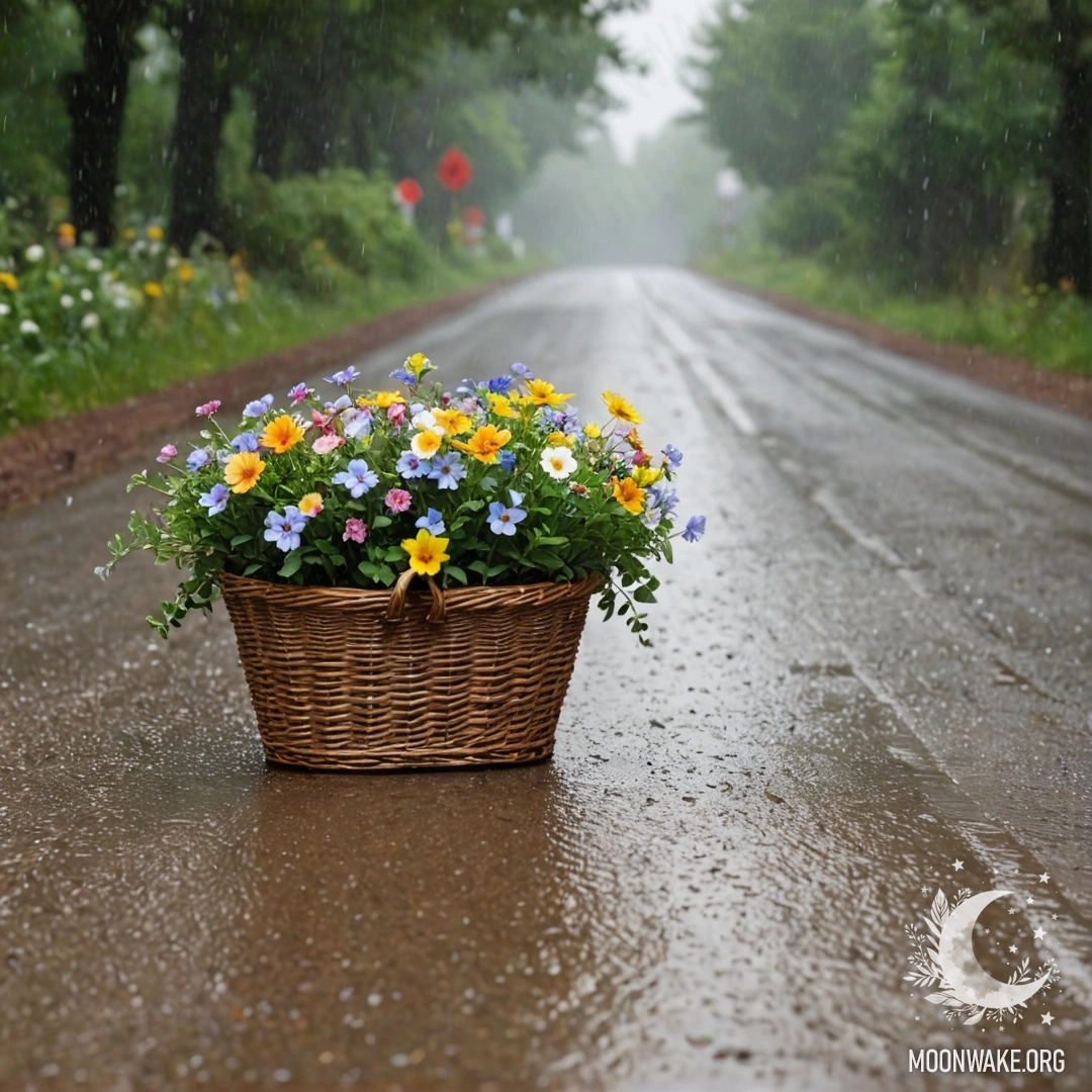 A basket of flowers placed on a dirt road surrounded by trees in the rain.