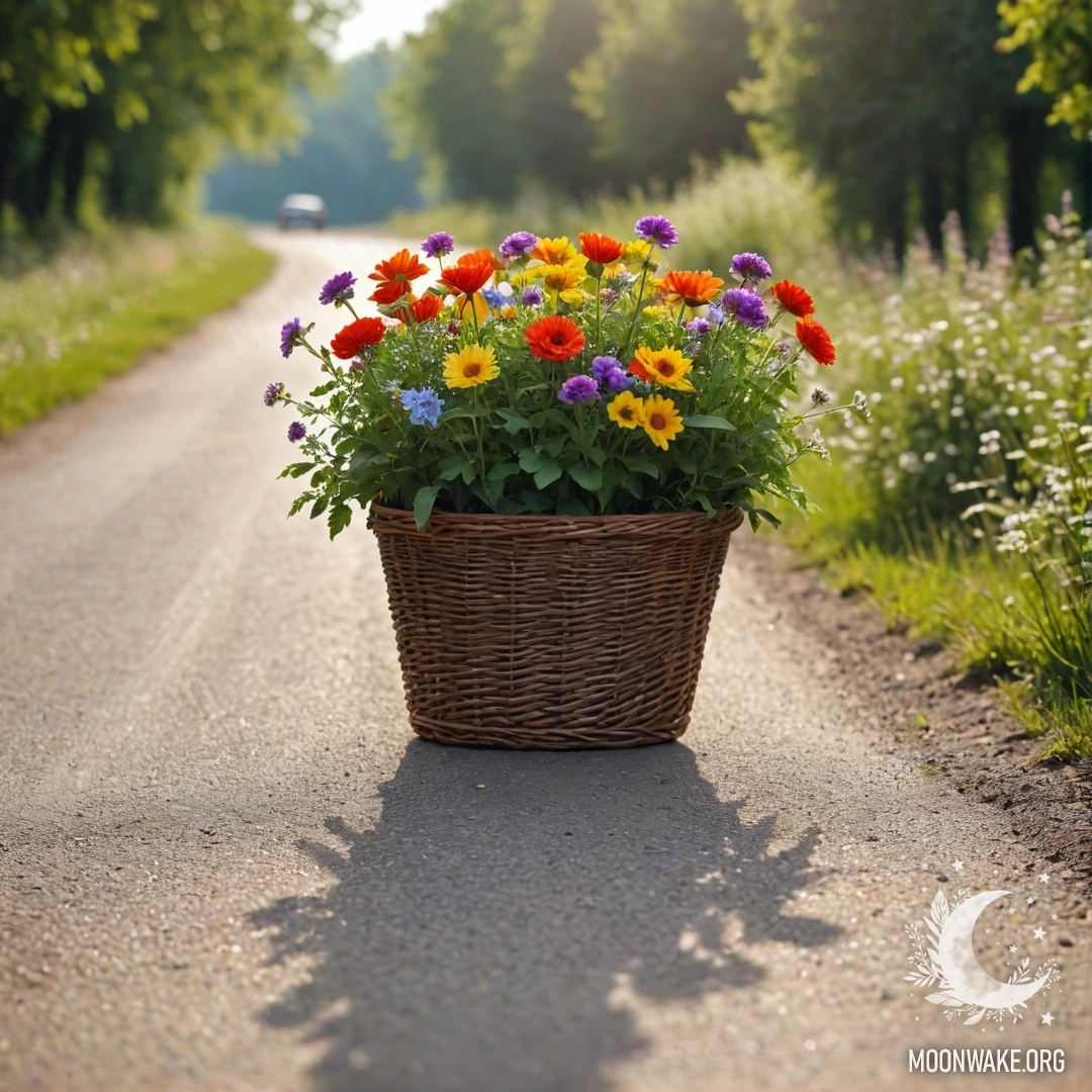 Basket of Flowers on a Dirt Road A basket filled with colorful flowers placed on a dirt road with a blurred background of trees.