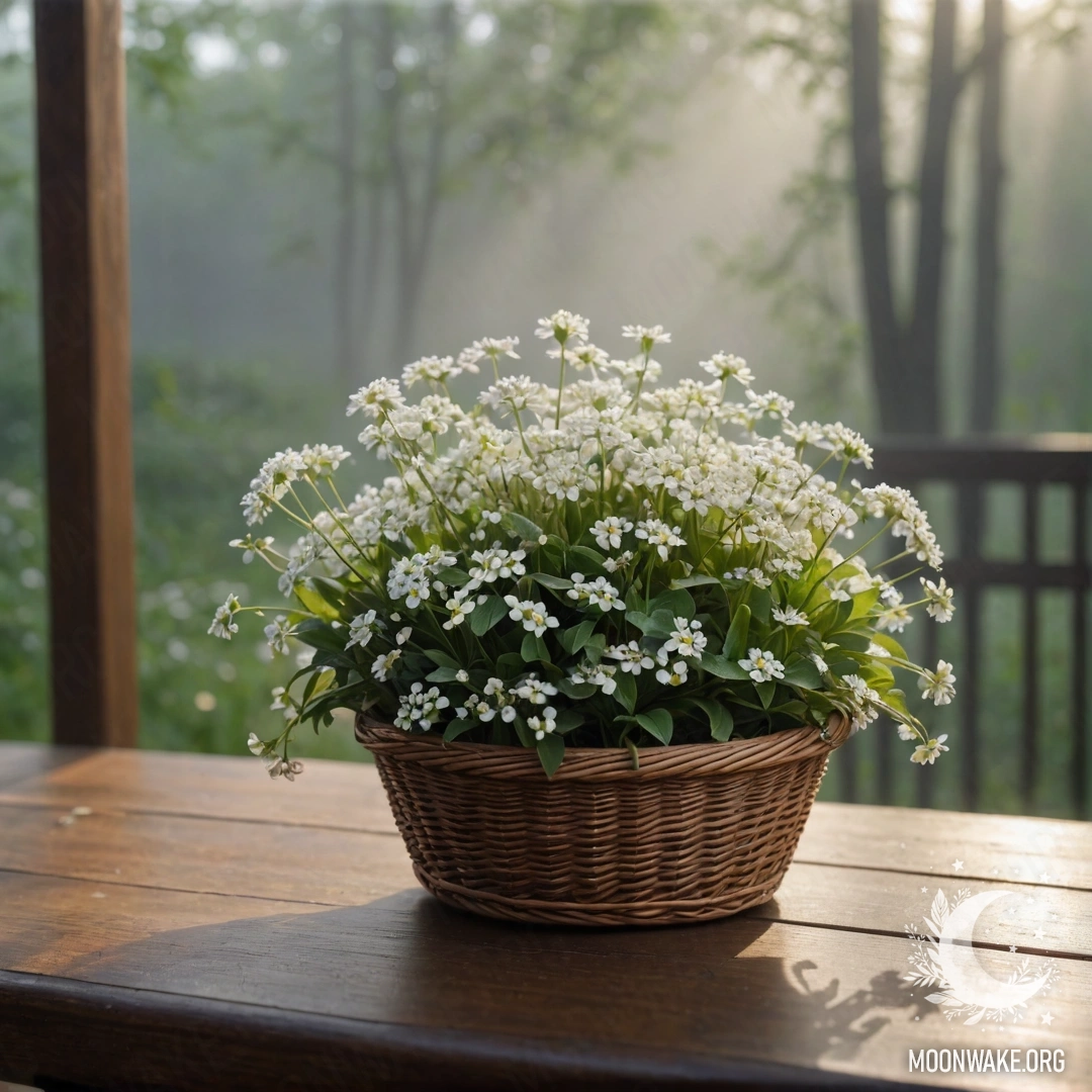 A basket filled with small white flowers illuminated by sunlight on a wooden table.
