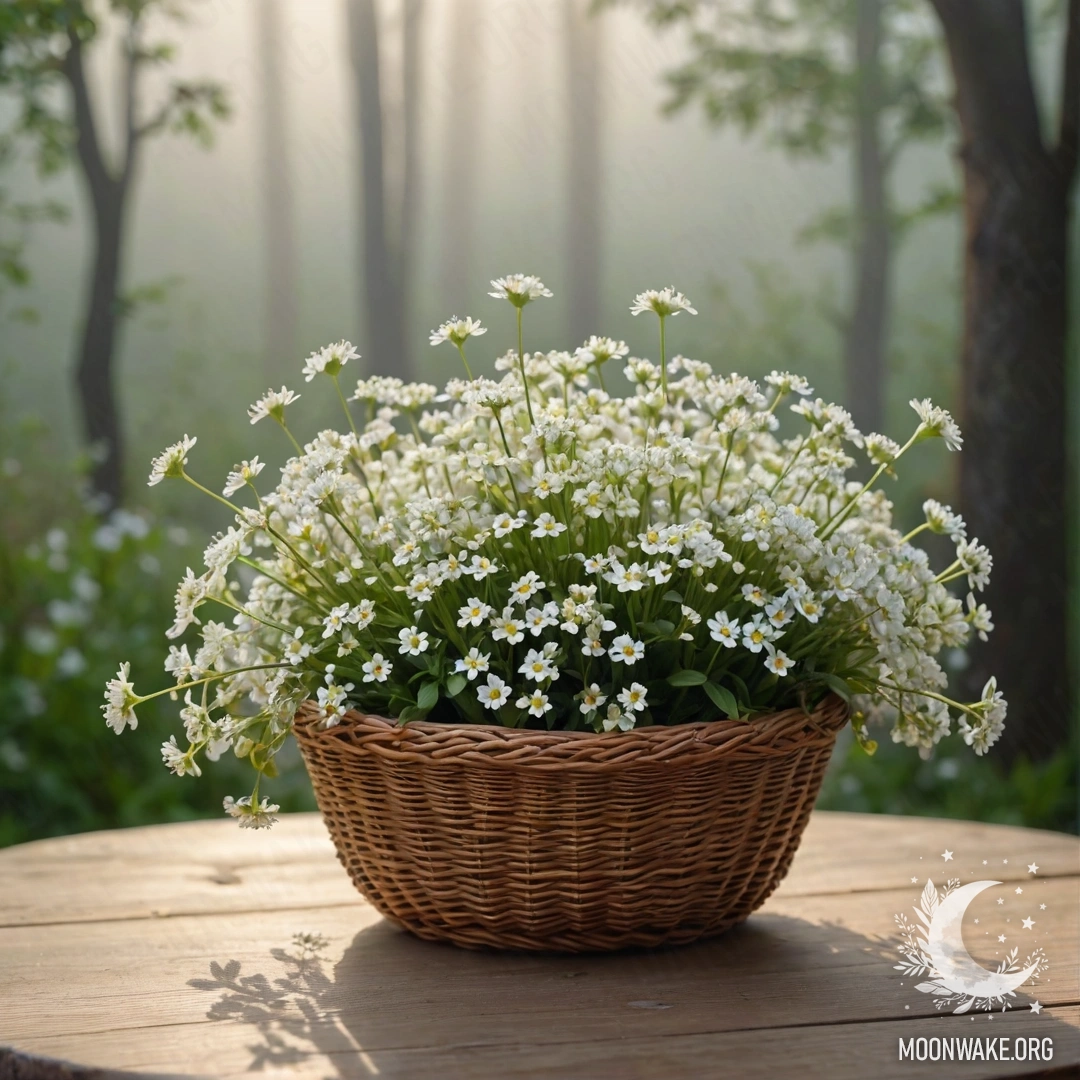 A basket containing small white flowers, illuminated by sunlight on a wooden table in a foggy environment.