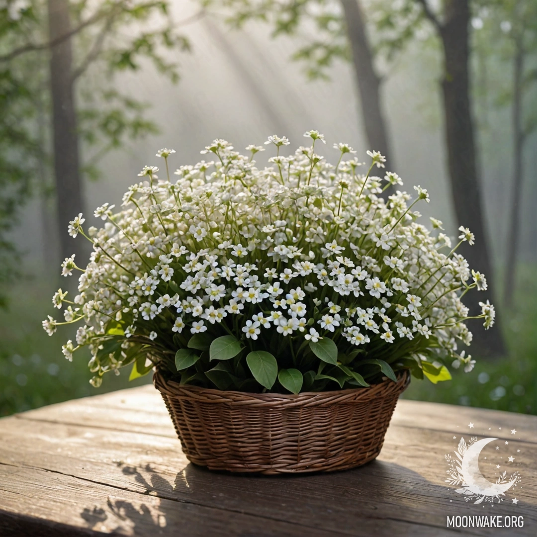 A basket filled with small white flowers on a wooden table in fog.