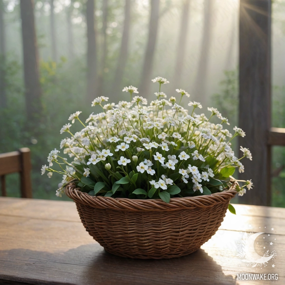 A basket filled with small white flowers on a wooden table, illuminated by sunlight in a dense fog.