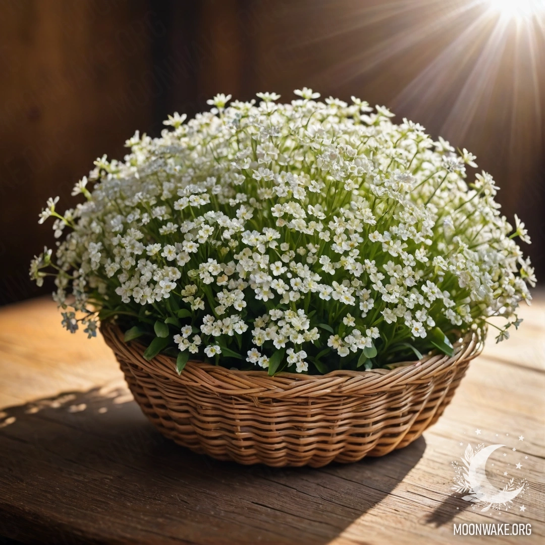 A basket filled with small white flowers on a wooden table, illuminated by sunlight.
