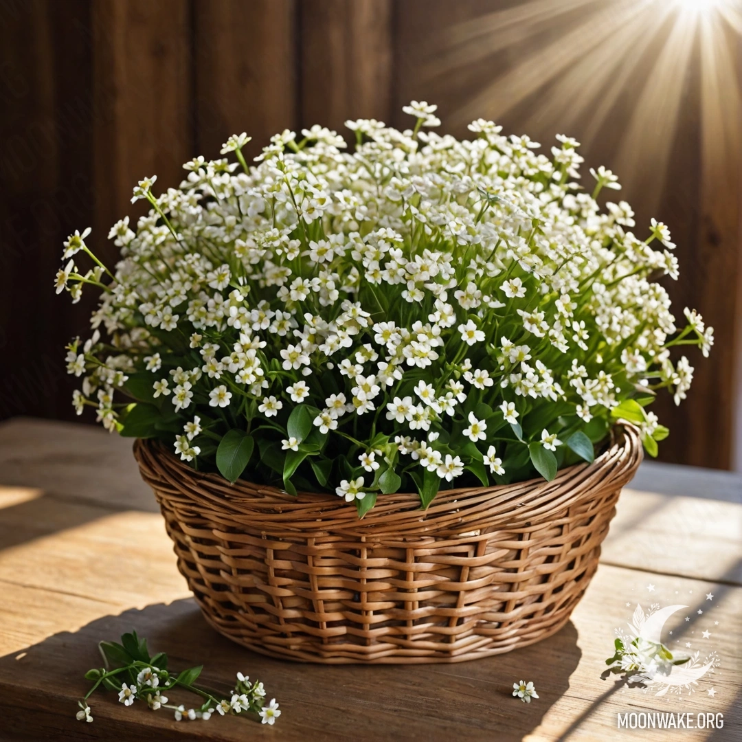 A photograph of a basket filled with small white flowers on a wooden table, bathed in soft sunlight.