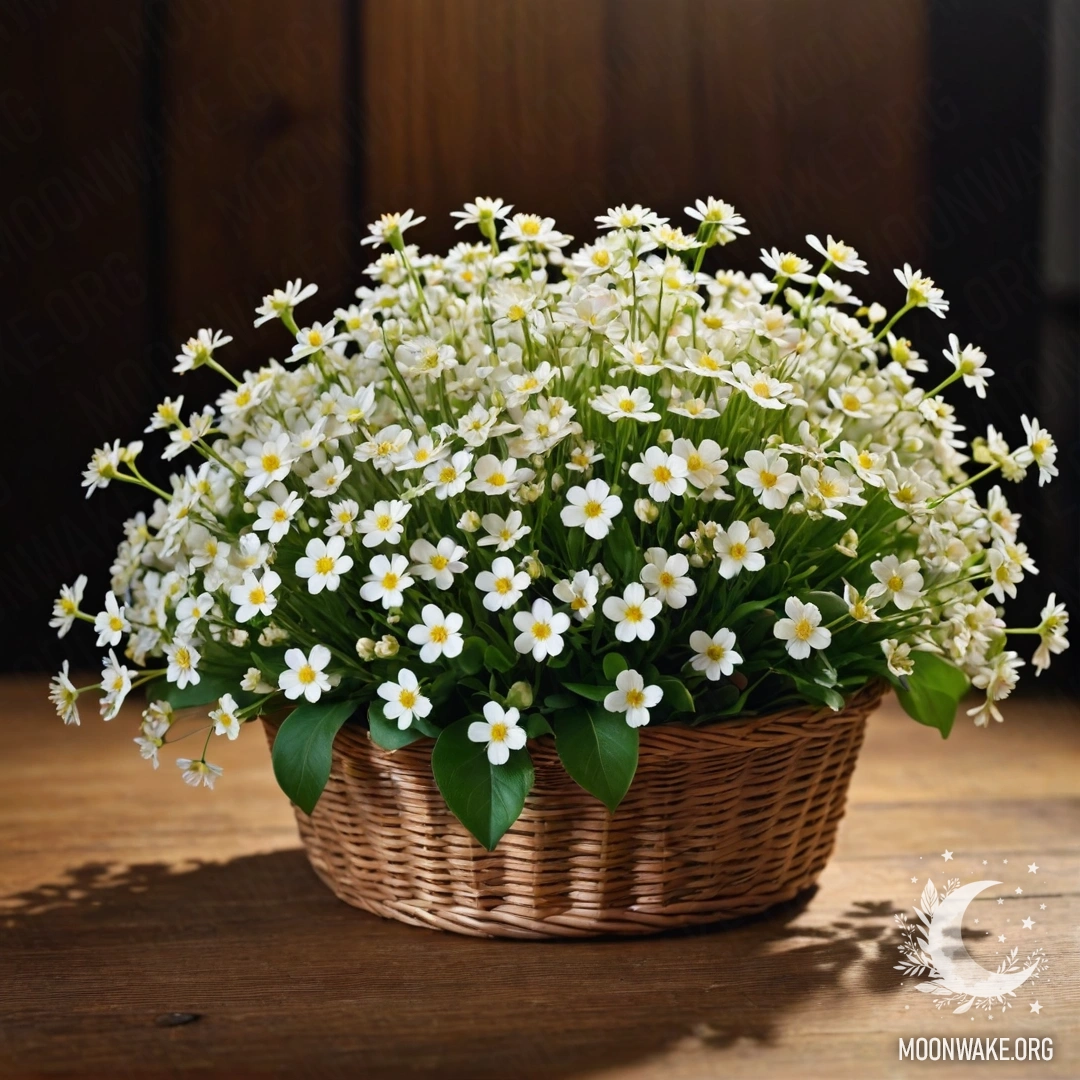 A basket filled with small white flowers placed on a wooden table under the soft glow of the moonlight.