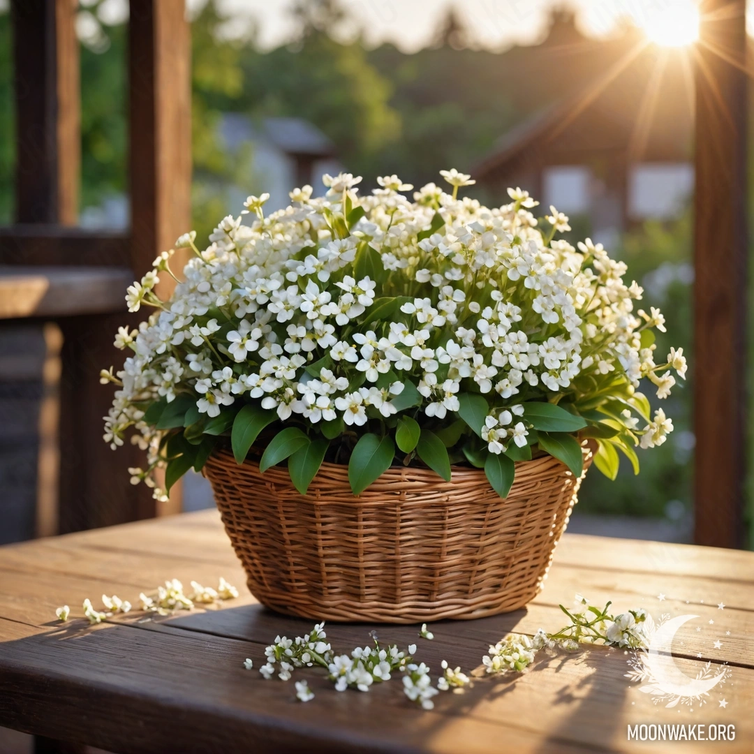 A basket filled with small white flowers on a wooden table illuminated by sunset rays.