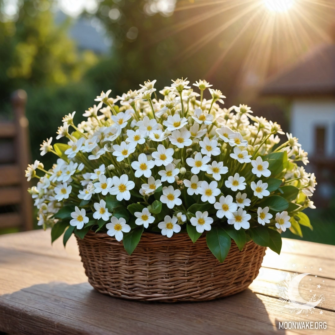 A basket filled with small white flowers, illuminated by sunset light.