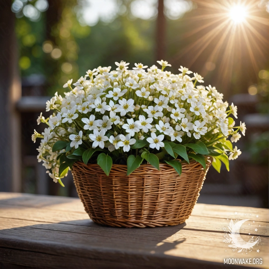 A basket filled with small white flowers, bathed in sunlight on a wooden table.