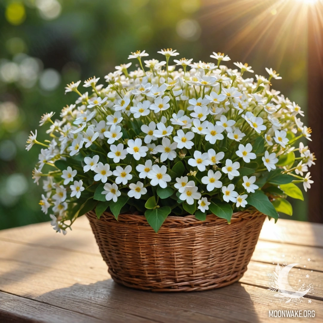 A basket filled with small white flowers illuminated by sunlight.