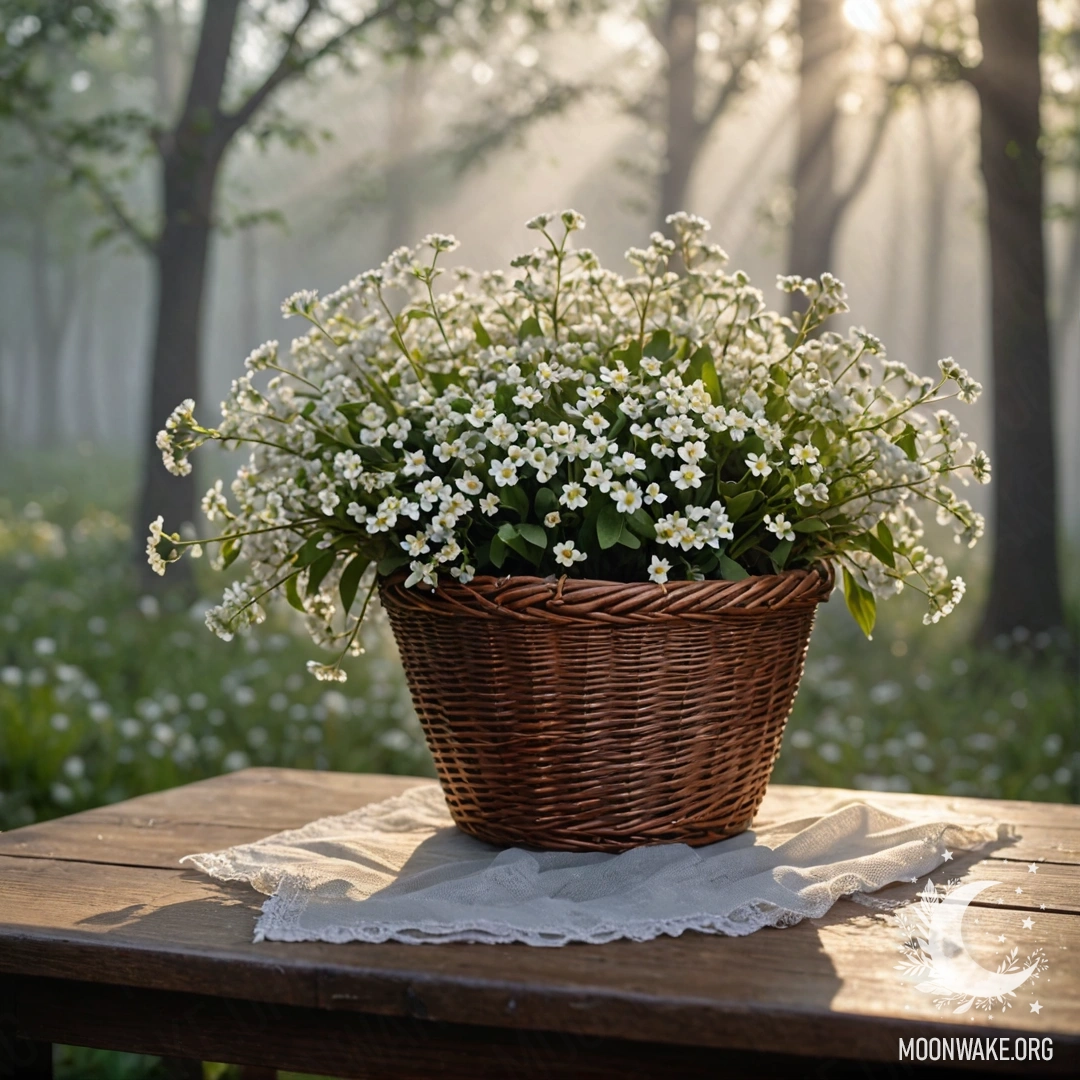 A Basket of White Flowers in the Fog A basket filled with small white flowers on a wooden table, surrounded by dense fog and illuminated by the sun's rays.