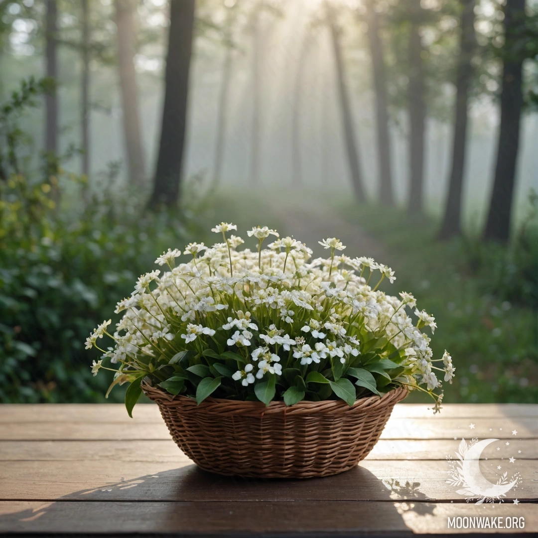 A basket filled with small white flowers resting on a wooden table, surrounded by thick fog.
