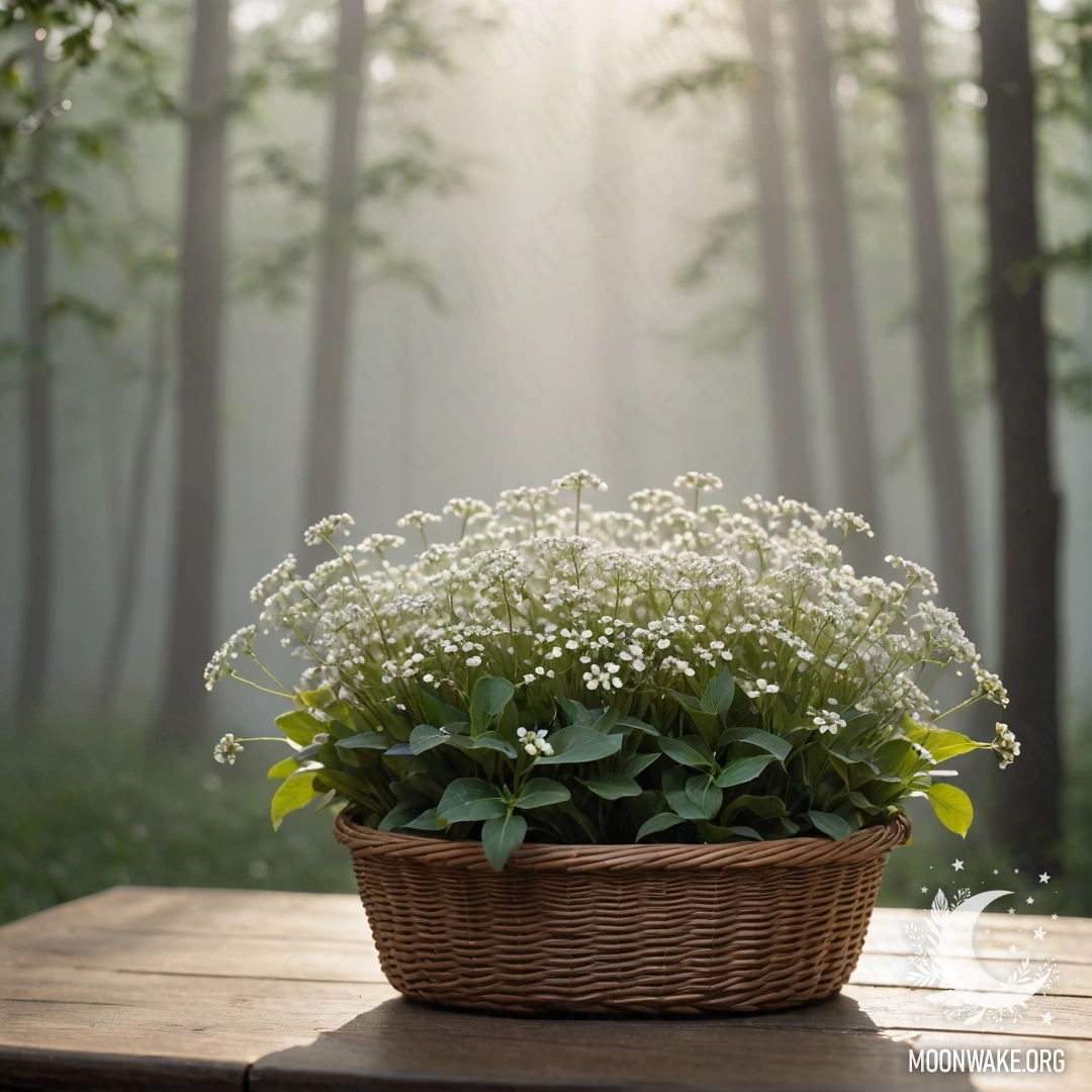 A basket filled with small white flowers on a wooden table in fog.