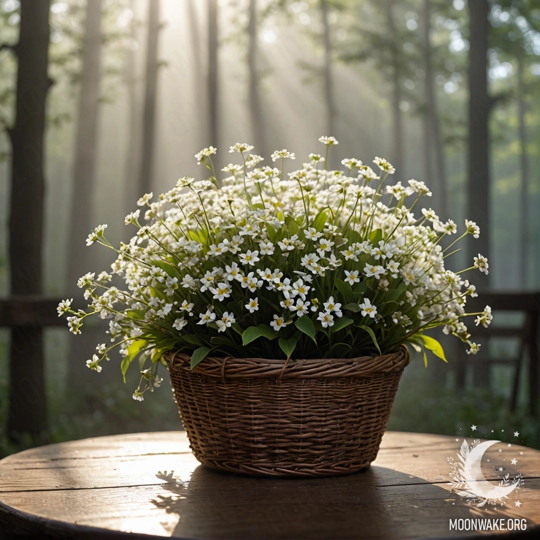 A close-up of a rustic basket filled with delicate white flowers, surrounded by dense fog on a wooden table.