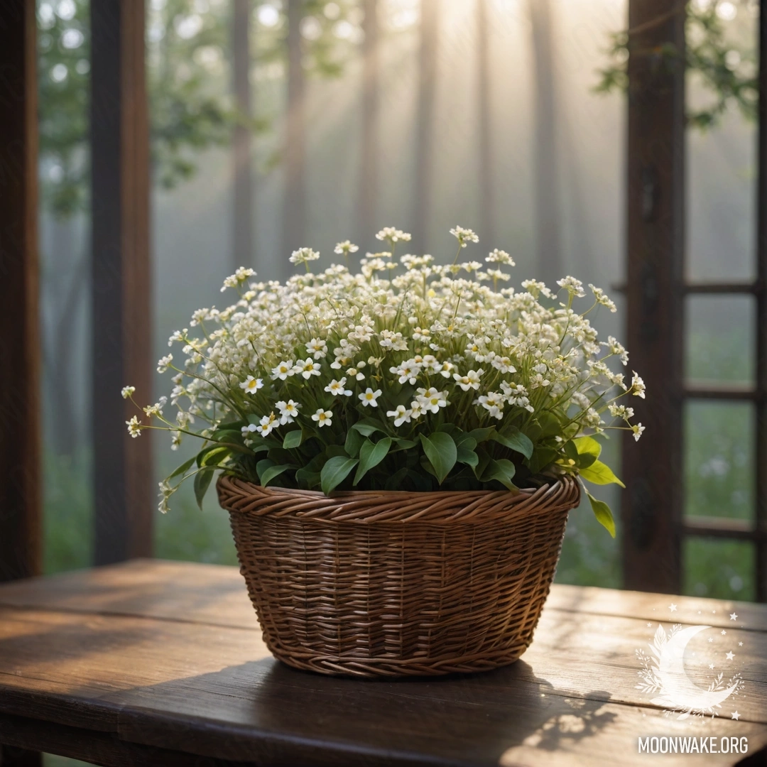 A cozy basket filled with small white flowers on a wooden table, illuminated by the sun's rays filtering through heavy fog.