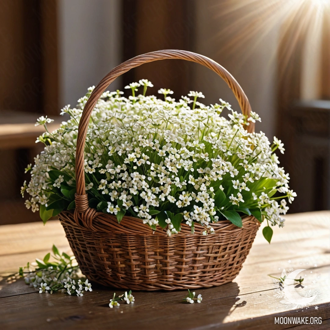 A photorealistic image of a basket filled with small white flowers on a wooden table, illuminated by sunlight.