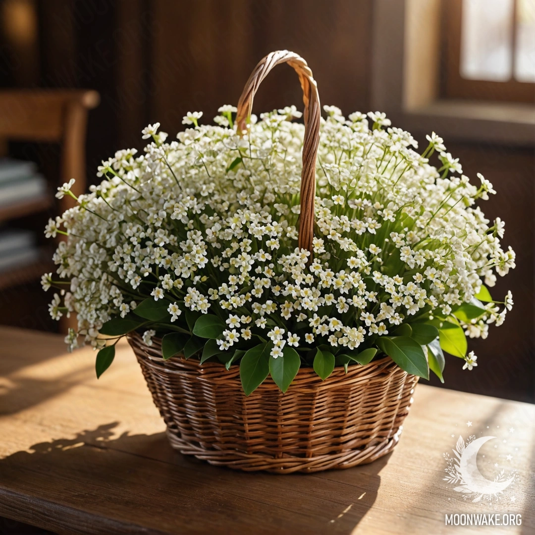 A basket filled with small white flowers, softly lit by the sun.