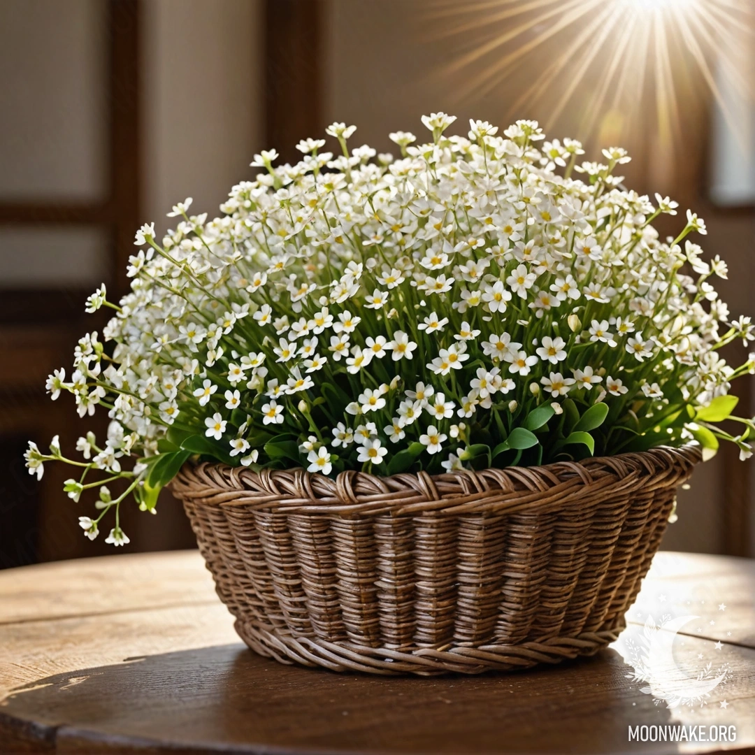 A photorealistic image of a basket filled with small white flowers on a wooden table illuminated by slanting sunlight.