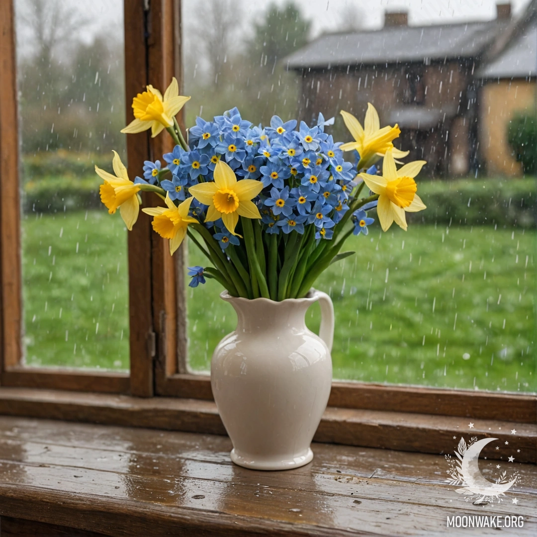 A basket filled with small white flowers on a wooden table, illuminated by sunlight, with rain falling around it.