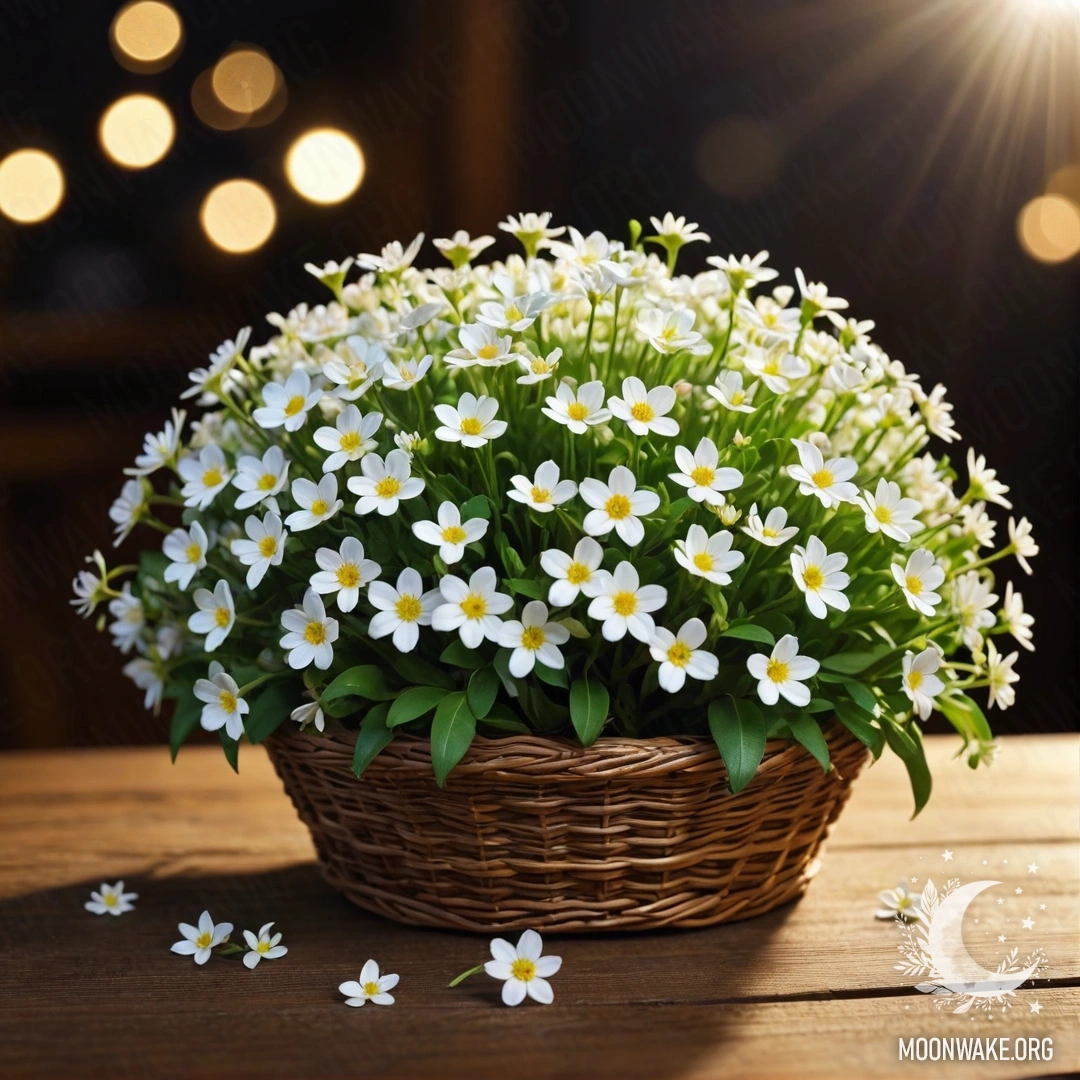 A basket containing small white flowers, lit by moonlight on a wooden table at night.