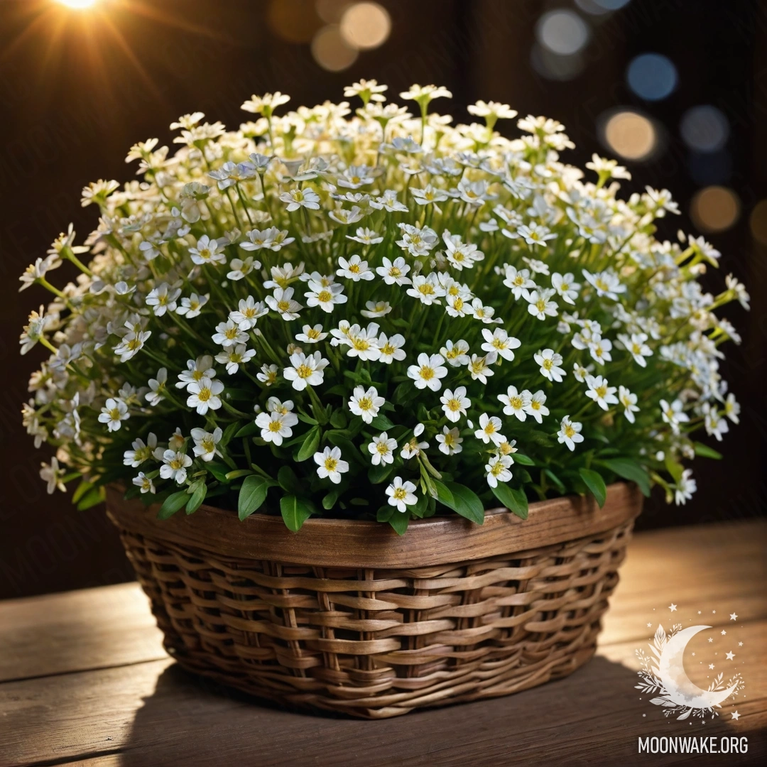 A basket filled with small white flowers sits on a wooden table, illuminated by soft moonlight at night.
